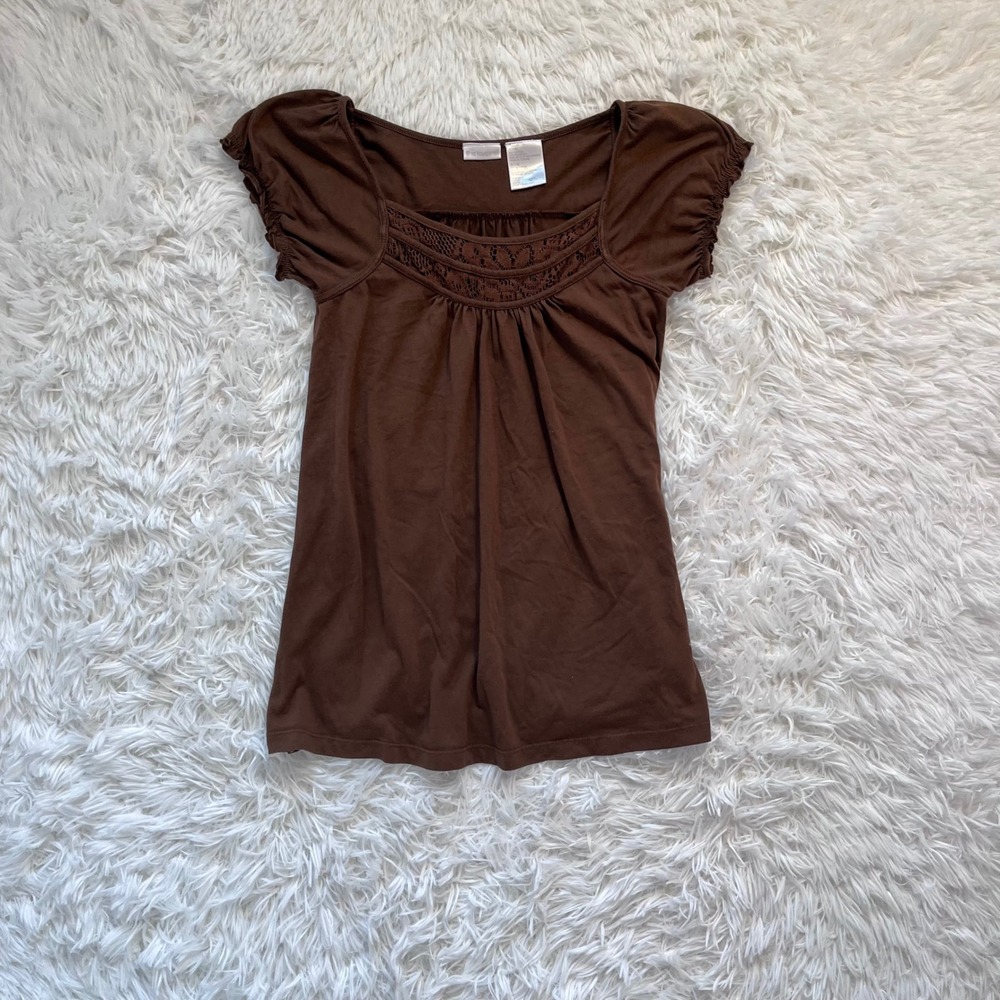 y2k brown lace panel cap sleeve top medium
